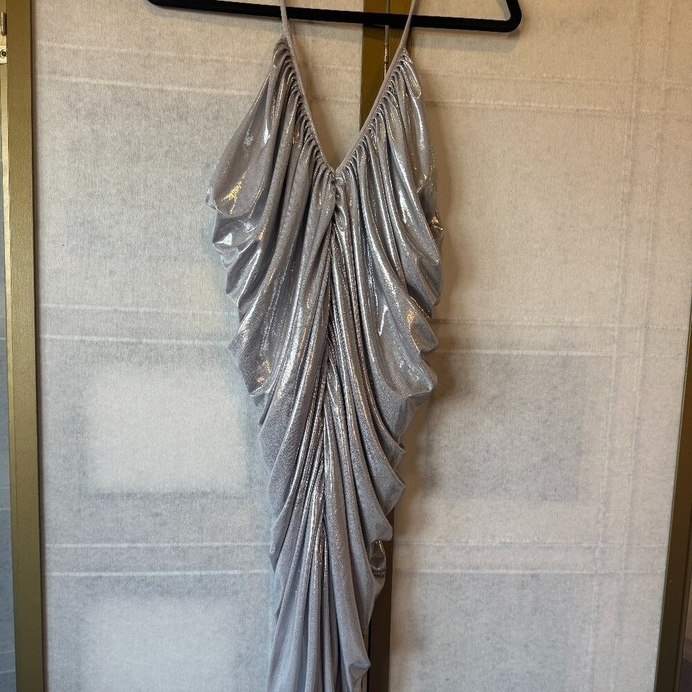 Norma Kamali Slip Diana Mini Dress Silver Metallic Ruched XL ST4223LM916058